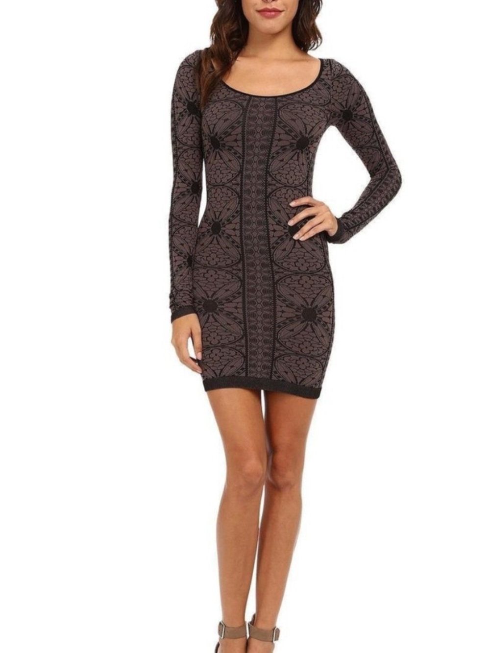 Free People Brown Patterned Long-Sleeve Bodycon Mini Dress